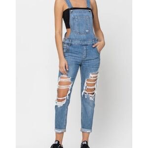 Cello Women's Blue Distressed Denim Overalls